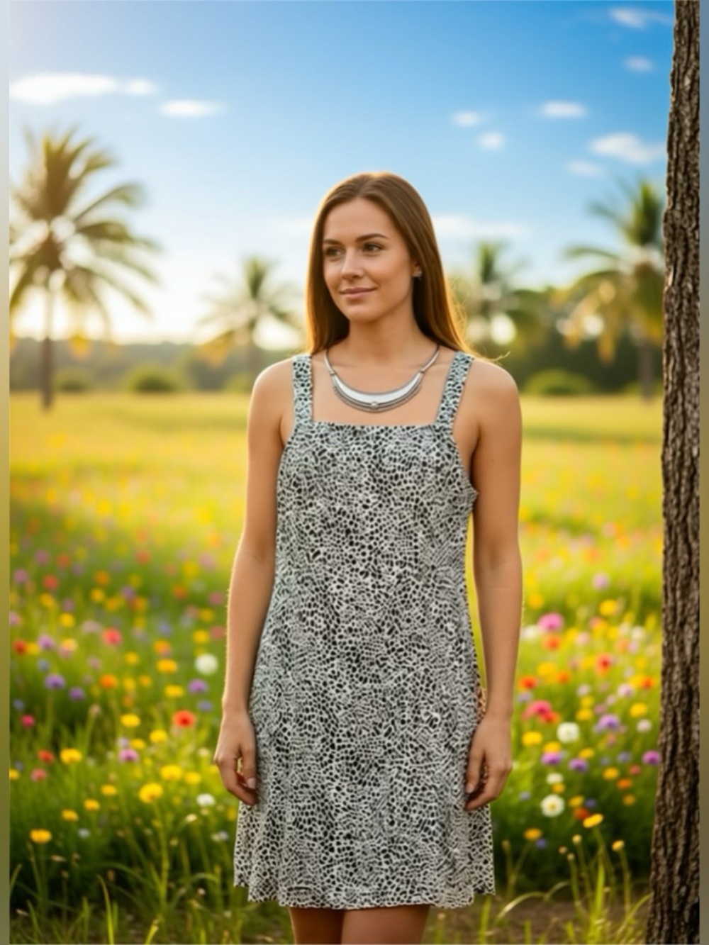 American Eagle Outfitters Black & White Leopard-Print Sun Dress